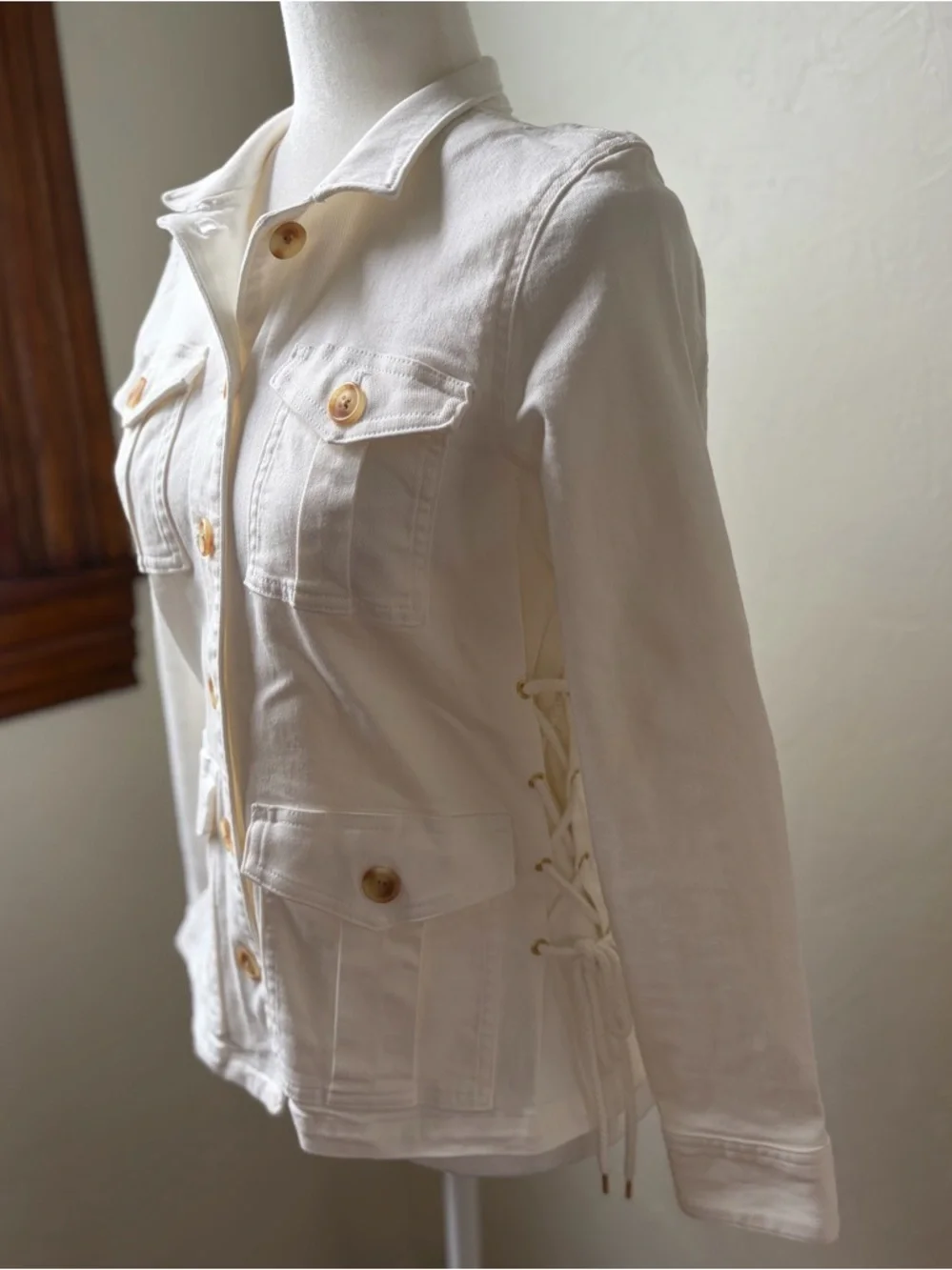 Spartina 449 Ivana Lace-Up Utility Jacket Pearl White Stretch Cotton XXS